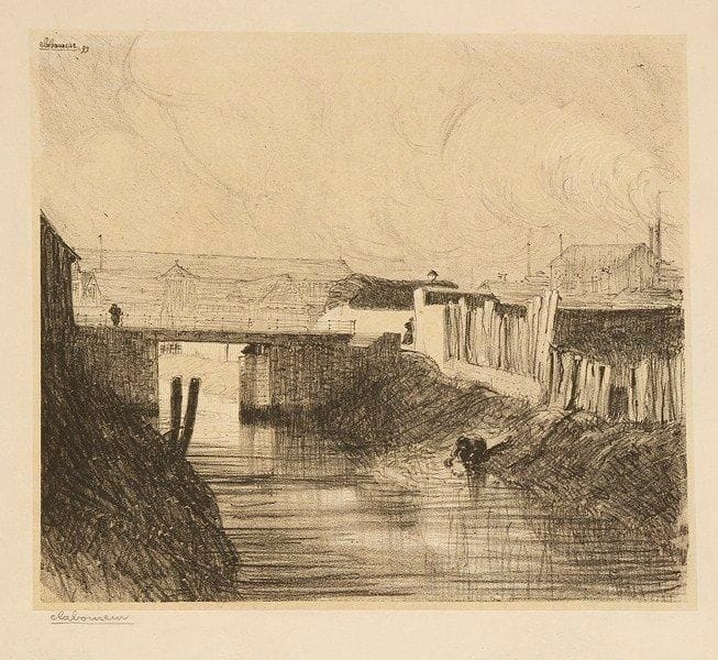 Jean-Emile LABOUREUR (1877-1943)
Le Canal Pelloutier à Nantes. 1899. Lithographie. 264 x 230. Laboureur 760. Belle épreuve tirée avec teinte de fond sur vélin crème, signée à la mine de plomb. Infime manque dans l?angle supérieur gauche. Traces de plis et de frottement. Toutes marges. Rare. Tirage à 13 épreuves.