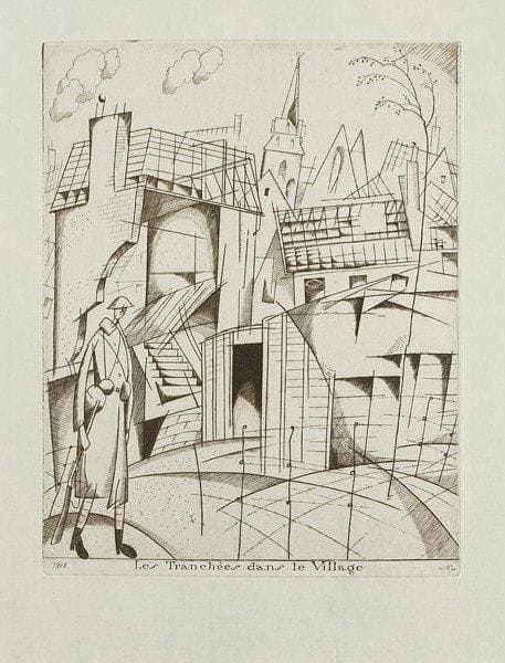 Jean-Emile LABOUREUR (1877-1943)
Petites images de la guerre sur le front britannique. Paris, Vernant, 1916. Une plaquette, 235 x 290, contenant 9 gravures au burin, L. 144-152, précédées d?une Lettre sur les spectacles de la guerre de Roger Allard. Très belles épreuves en état définitif avec le numéro et le titre gravés en pied du sujet, sur feuillet de vélin mince remplié, portant le titre typographié sur le 1er plat, numérotées à la mine de plomb dans l?angle inférieur droit du sujet. L?un des 120 exemplaires, numéroté et signé par l?artiste à la plume et à l?encre à l?achevé d?imprimer. Chemise de vélin fort typographiée et portefeuille décoré de l?édition (ce dernier légèrement défraîchi).