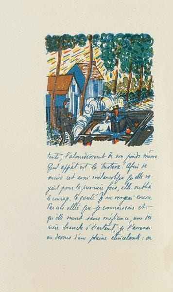 Jean-Emile LABOUREUR (1877-1943)
Giraudoux (Jean). Promenade avec Gabrielle. Paris, Éditions de la Nouvelle Revue Française, 1919-1924. Un vol. grand in-8, texte lithographié en bleu d?après le manuscrit de Giraudoux et 16 illustrations lithographiées en couleurs par Laboureur. L. 776. L?un des 150 exemplaires sur vergé d?Arches, numéroté, très frais. Tirage total à 185 ex. Reliure à coins, dos à nerfs, frottée.