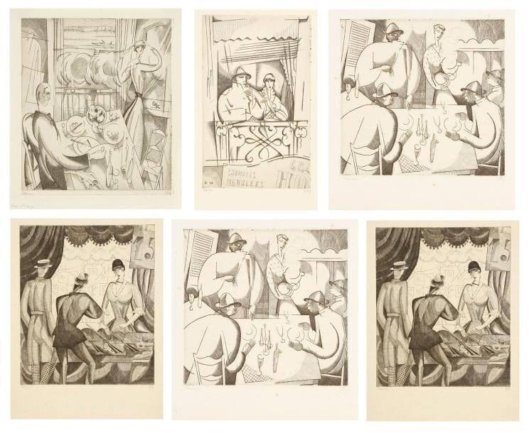 Jean-Emile LABOUREUR (1877-1943)
Le Dîner à l?auberge. 1917-1922. Burin. 170 x 195. L. 173. Très belle épreuve sur vergé mince azuré, l?une des 8 du 1er état (sur 2), avant les nouveaux travaux sur la figure de la femme, signée et numérotée à la mine de plomb puis titrée en pied. Toutes marges. Tirage total à 66 épreuves.