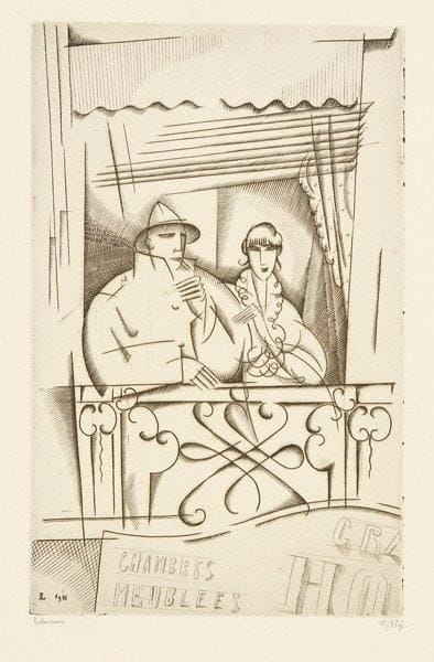 Jean-Emile LABOUREUR (1877-1943)
Au balcon. 1917-1919. Burin. 121 x 195. L. 181. Très belle épreuve sur vélin blanc mince, numérotée et signée à la mine de plomb. Petites épidermures et restes d?ancien montage en tête au verso. Toutes marges. Tirage total à 45 épreuves.