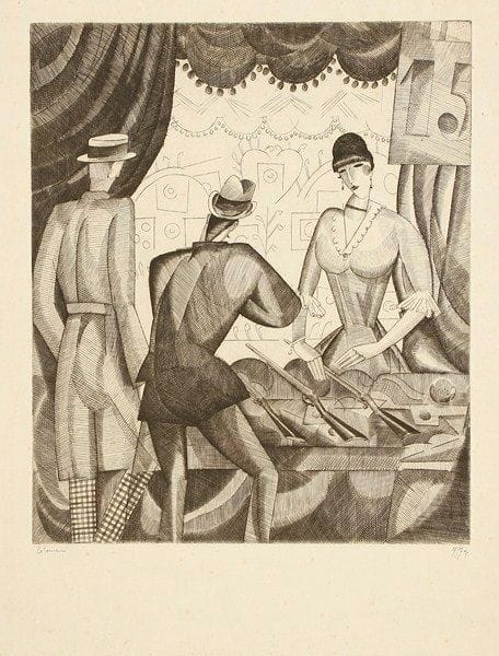 Jean-Emile LABOUREUR (1877-1943)
Le Tir forain. 1920-1921. Burin. 224 x 267. L. 191. Belle épreuve sur vergé crème, l?une des 7 du 3e état (sur 4), avant les nouvelles tailles sur les cibles, signée et numérotée à la mine de plomb. Rousseurs claires éparses. Une courte déchirure et plis cassés aux bords du feuillet. Toutes marges (les marges inférieure et supérieure rempliées). Tirage total à 108 épreuves.