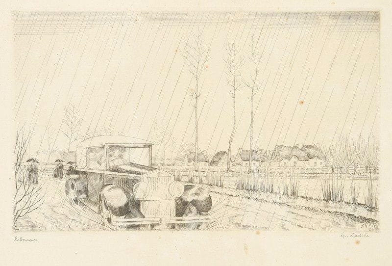 Jean-Emile LABOUREUR (1877-1943)
L?Auto sous la pluie (grande planche). 1932. Eau-forte. 245 x 150. L. 456. Belle épreuve sur vélin blanc, signée et annotée «ép. d?artiste» à la mine de plomb. Petites rousseurs. Toutes marges. Tirage à 44 épreuves. Cadre.