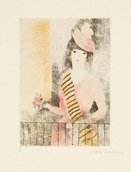 Marie LAURENCIN (1883-1956)
Jeune fille au balcon. 1925. Eau-forte. 150 x 210. M. 84. Impression en couleurs. Très belle et rare épreuve sur vélin fort, numérotée et signée à la mine de plomb. Infime trace d?oxydation aux bords du feuillet. Très grandes marges. Tirage à 33 épreuves. Ex-coll. H.-M. Petiet.