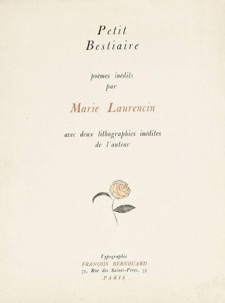 Marie LAURENCIN (1883-1956)
Petit Bestiaire / poèmes inédits / par / Marie Laurencin / avec deux lithographies inédites / de l?auteur. [Paris], Typographie François Bernouard, 1926. Format de l?album: 245 x 330. M. 107 et 108. Très belles épreuves tirées sur un seul feuillet, non coupé, chacune signée à la mine de plomb. Couverture légèrement défraîchie (petite déchirure restaurée en tête et griffonnis à l?encre bronze doré sur la 4e de couv.) L?un des 100 exemplaires sur vergé d?Arches, numéroté, avec envoi de l?auteur à l?encre bleue: «A Juliette Paul Guillaume / Son amie / Marie Laurencin / Février 1926». Tirage total à 151 ex.