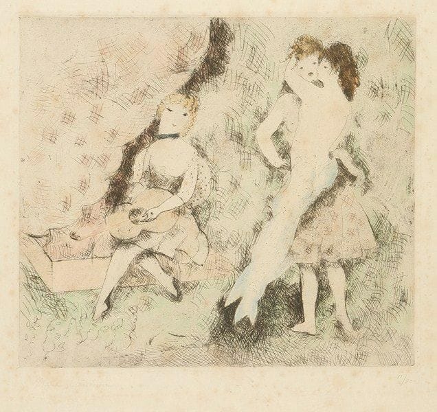 Marie LAURENCIN (1883-1956)
Le Bal. 1927. Eau-forte. 270 x 240. M. 127. Belle épreuve sur japon mince, largement rehaussée à l?aquarelle, signée et numérotée à la mine de plomb. Rousseurs claires éparses. Infimes traces de plis. Toutes marges. Tirage à 80 épreuves. Cadre.