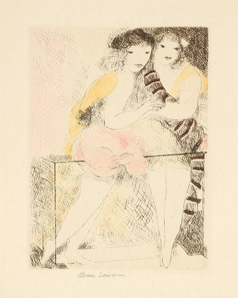 Marie LAURENCIN (1883-1956)
Jeunes filles au balcon. 1928. Eau-forte. 178 x 240. M. 133. Impression en couleurs. Très belle épreuve sur simili-japon, signée à la mine de plomb. Toutes marges. Tirage à 25 épreuves sur ce papier.