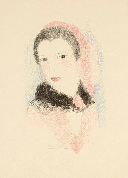 Marie LAURENCIN (1883-1956)
Ma Germaine. 1931. Lithographie. 320 x 450. M. 169. Très belle et fraîche épreuve de la pierre-clé, sur simili-japon, largement rehaussée aux crayons de couleurs rose et bleu, signée à la mine de plomb. Toutes marges. Ex-coll. H.-M. Petiet.