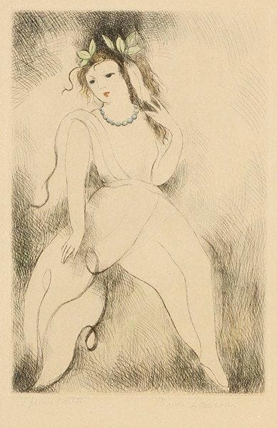 Marie LAURENCIN (1883-1956)
Jeune fille au collier. 1945. Eau-forte. 158 x 237. Belle épreuve sur vélin crème, largement rehaussée à l?aquarelle, légèrement oxydée, annotée «Épreuve d?artiste» et signée. Marges. Tirage définitif à 120 épreuves pour la Société des Peintres-Graveurs Français. Cadre.