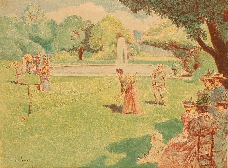 Alexandre LUNOIS (1863-1916)
La Partie de volant, ou Lawn Tennis. 1898. Lithographie. 505 x 380. I.F.F. 68; Johnson 74. Très belle et fraîche épreuve sur japon pelure, signée à la pierre noire dans le sujet à gauche, tendue par les bords sous passe-partout. Courte déchirure au bord gauche. Petites rousseurs éparses. Marges. Tirage à 100 épreuves pour un album non publié. A. Vollard éditeur.