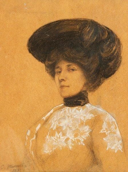 CHARLES MAURIN (1856-1914)
Femme en buste. 1891. Dessin, pierre noire, rehauts brun rosé et craie blanche, sur vélin mince chamois (papier «boucherie»), à vue 148 x 200, signé et daté en bas à gauche. Cadre.