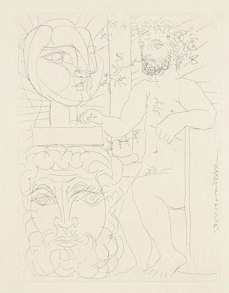 Pablo Picasso (1881-1973)
Sculpteur et deux têtes sculptées. (Suite Vollard, pl. 48). 1933. Eau-forte. 194 x 268. Bl. 157; Ba. 310 B d. Parfaite épreuve du tirage à petites marges à 250 épreuves, sur vergé de Montval filigrané «Vollard», non signée. Toutes marges. Timbre sec: H. Petiet éditeur Paris (Lugt 2021a).