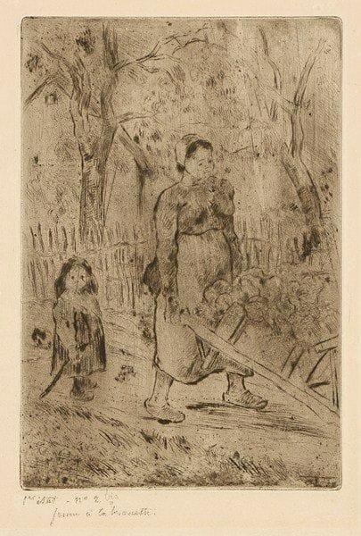 Camille PISSARRO (1830-1903)
Femme à la brouette. 1882. Pointe sèche sur zinc. 168 x 245. Delteil 36. Très belle épreuve tirée avec teinte de fond sur vélin crème fort, annotée par l?artiste à la mine de plomb «1er état - n° 2 bis / femme à la brouette». Trace claire d?oxydation à l?ouverture d?un ancien montage. Infimes rousseurs en pied du feuillet. Toutes marges. De toute rareté. Delteil écrit: «Nous connaissons 4 épreuves de cette pointe sèche exécutée sur zinc».