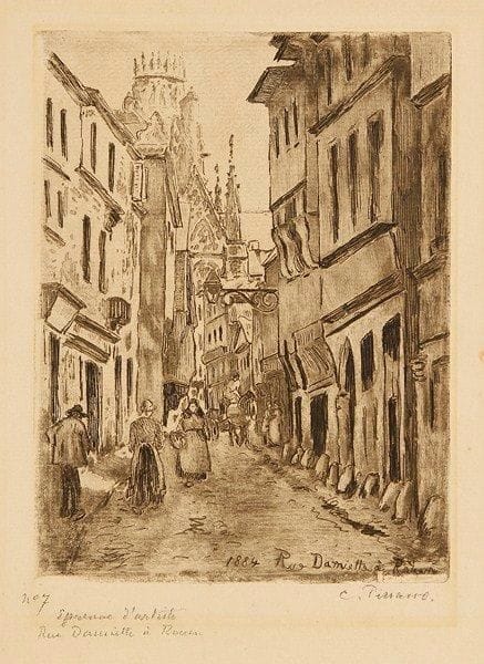 Camille PISSARRO (1830-1903)
Rue Damiette à Rouen. 1884. Eau-forte et aquatinte. 150 x 197. D. 52. Très belle épreuve sur vergé ivoire, annotée à la mine de plomb «n° 7 / Épreuve d?artiste / Rue Damiette à Rouen» puis signée. Oxydation marginale du feuillet. Petite tache brunâtre dans la marge droite. Menues salissures et restes de papier gommé dans les angles. Toutes marges. Tirage à une vingtaine d?épreuves du vivant de l?artiste, avant le tirage posthume (1907) à 40 épreuves.