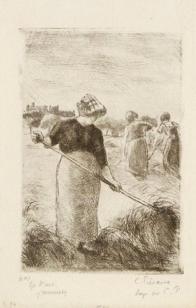 Camille PISSARRO (1830-1903)
Faneuses. 1890. Eau-forte et pointe sèche. 135 x 200. D. 94. Superbe et fraîche épreuve sur vergé, annotée à la mine de plomb «n° 1 / Ep d?art. / Faneuses» puis signée et annotée «Imp. par C. P.». Petites marges normales. Tirage à 8 ou 9 épreuves d?essai ou d?artiste, avant le tirage à 100 épreuves en bistre et antérieur au tirage pour Th. Duret, Les Peintres Impressionnistes (Paris, Floury, 1906).