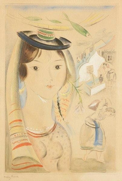 Mily POSSOZ (1888-1967)
Petite paysanne portugaise. 1930. Pointe sèche. 280 x 415. Belle épreuve sur vélin, oxydée, largement aquarellée et gouachée, signée à la mine de plomb. Marges. Cadre.