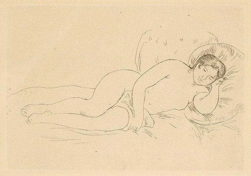 Pierre-Auguste RENOIR (1841-1919)
Femme nue couchée tournée à droite, 2e pl. 1906. Eau-forte. 195 x 140. D., St. 14. Bonne épreuve sur vergé, du tirage de 1909 pour Die Impressionnisten de Th. Duret, oxydée. Marges. Cadre (étiquette de galerie autrichienne en date de 1974 au verso).