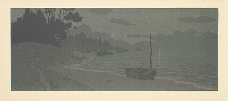 Henri Rivière (1846-1951)
La Nuit (La Féerie des heures, pl. 15). 1902. Lithographie. 600 x 240. F. p. 77. Impression en couleurs. Très belle et fraîche épreuve sur vélin glacé. Infime pli cassé dans l?angle supérieur droit. Toutes marges.