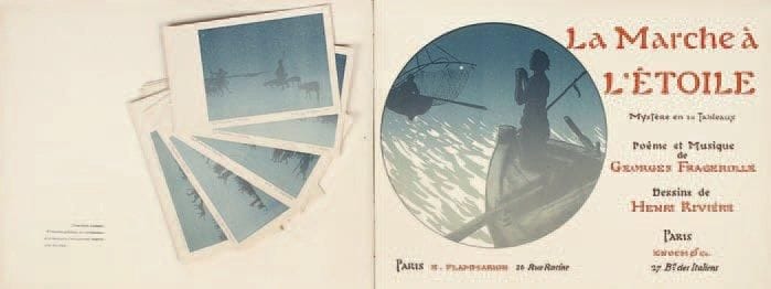 Henri Rivière (1846-1951)
La Marche à l?étoile / Mystère en 10 Tableaux / Poème et Musique de Georges Fragerolle / Dessins de Henri Rivière. Paris, E. Flammarion et Enco & Co., 1899. Un vol. in-4 oblong, orné de 18 lithographies en couleurs, 3 in-texte et 15 hors-texte par Rivière. Lettres-titres, cachets, fleurons et décors par George Auriol. Couverture et jaquette illustrées (cette dernière défraîchie). Joint: suite complète de 15 cartes postales illustrées des mêmes sujets en lithographie, sous enveloppe d?origine.