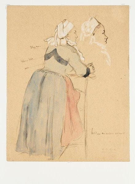 Joseph-Victor Roux-Champion (1871-1953)
Étude de femme de Pont-Aven. Vers 1900. Dessin à la pierre noire et à l?aquarelle, [250 x 320], signé des initiales. Annotations désignant les couleurs du costume. Traces de plis au bord gauche.
