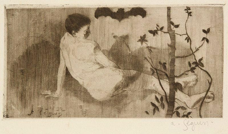 Armand Seguin (1869-1903)
Femme nue à la chauve-souris. 1890. Eau-forte, pointe sèche et roulette. 215 x 115. Field 1. Très belle épreuve sur vergé crème, signée à la mine de plomb et revêtue du timbre rouge de l?artiste dans l?angle inférieur droit du feuillet. Très claire trace d?oxydation à l?ouverture d?un ancien montage. Deux infimes points de rouille hors du sujet. Toutes marges.