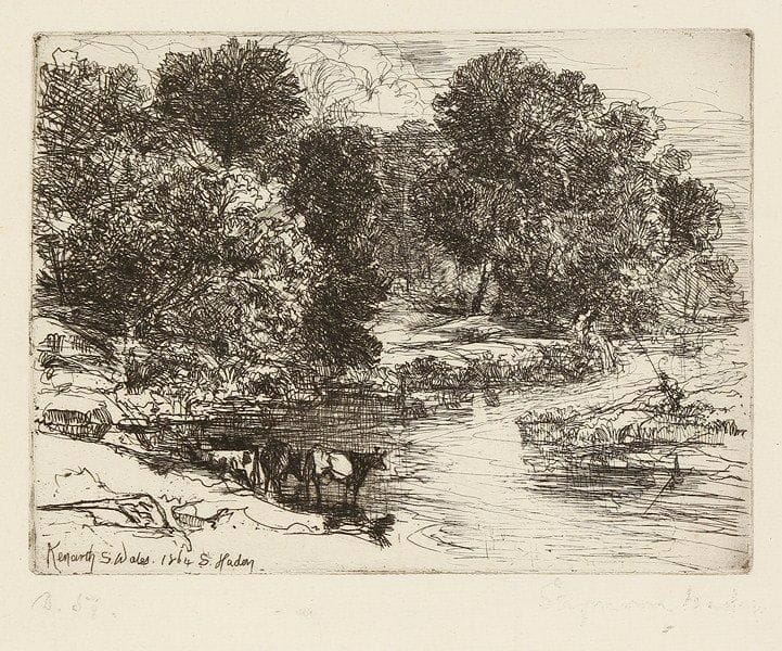 Sir Francis Seymour Haden (1818-1910)
Kenarth, South Wales (the Horse Pond). 1864. Eau-forte et pointe sèche. 148 x 113. Harrington 64; Schneiderman 59. Très belle épreuve sur vergé mince, annotée et signée à la mine de plomb. Toutes marges.