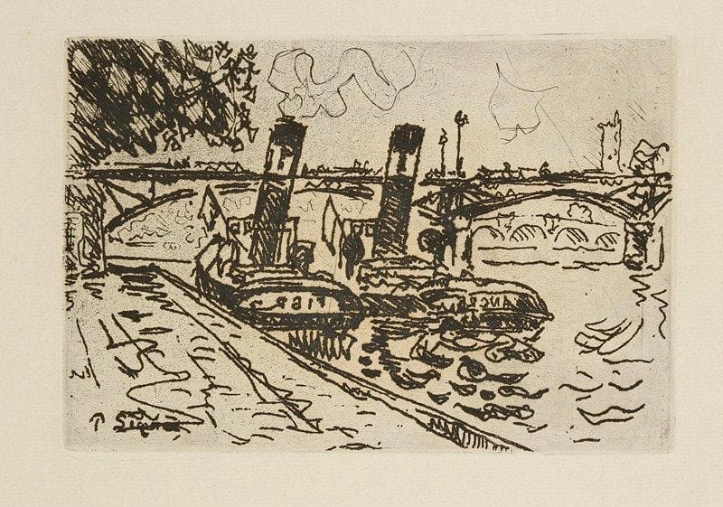 Paul SIGNAC (1863-1935)
Le Pont des Arts avec remorqueurs. 1927. Eau-forte. 187 x 127. Kornfeld et Wick 24. Parfaite épreuve sur vergé crème. Toutes marges.