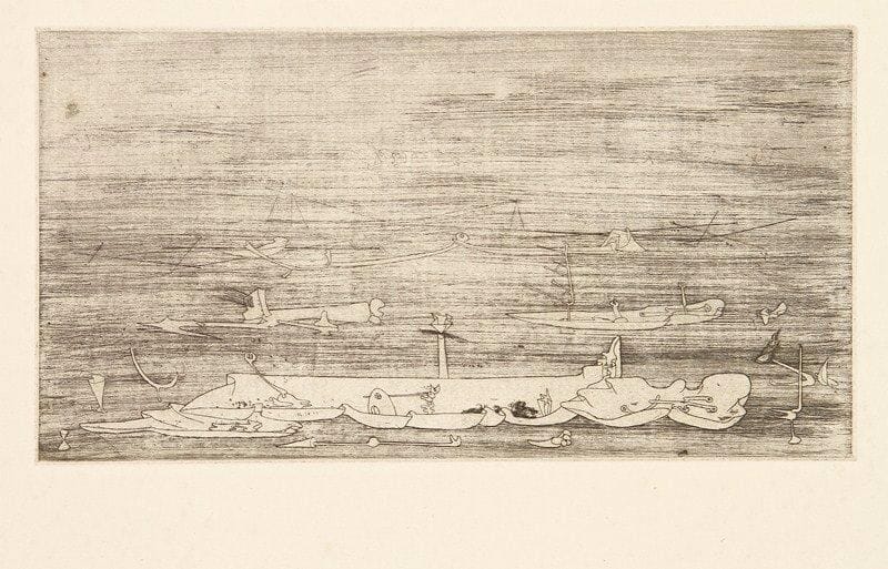 Yves TANGUY (1900-1955)
Sans titre. 1937. Eau-forte. 220 x 120. Wittrock 5. Très belle épreuve sur vergé ancien filigrané «Auvergne», d?un tirage postérieur. Traces de plis souples dans la marge gauche. Toutes marges. Très rare: seules une dizaine d?épreuves furent tirées du vivant de l?artiste.