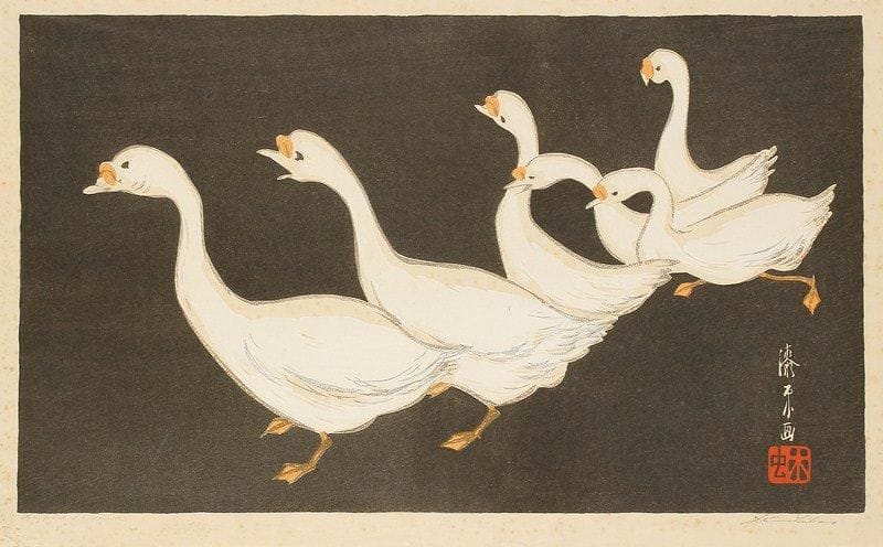 Yoshijiro Urushibara (japonais, 1888-1953)
Les Oies. Vers 1910. Bois gravé. 402 x 240. Impression en couleurs. Très belle épreuve sur japon vergé, dédicacée à la mine de plomb «To my friend A. K. Womrath» et signée. Courtes traces de plis et quelques rousseurs éparses. Toutes marges.