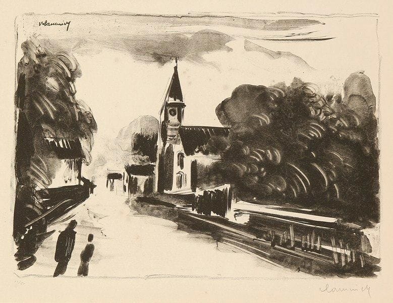 Maurice de Vlaminck (1876-1958)
Marine, l?église. 1925-1926. Lithographie. 310 x 225. W. 182; Verney et Lemaresquier 145. Belle épreuve sur vélin fort, numérotée, signée à la mine de plomb et timbrée (Lugt 2921d). Trace d?oxydation à l?ouverture d?un ancien montage. Toutes marges. Tirage à 60 épreuves. Timbre sec: Galerie des Peintres-graveurs (Lugt 1057b).