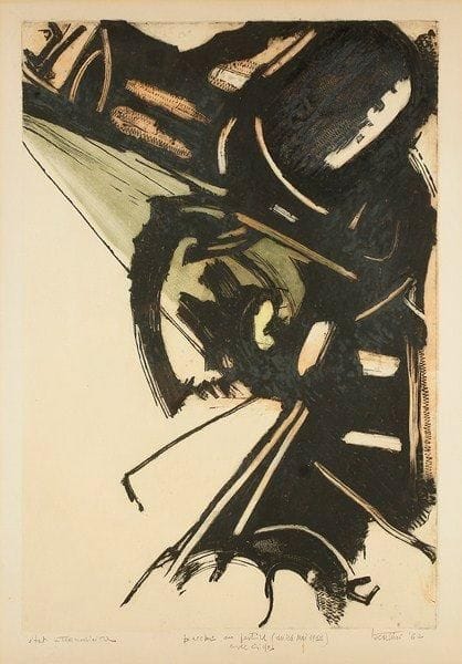 Gianni Bertini (italien, 1922-2010)
Bacchus au festin (du 26 Mai 1963) / avec Gilles. 1962. Eau-forte, aquatinte et morsure directe. 463 x 670. Impression en couleurs. Très belle épreuve sur vélin, annotée à la mine de plomb «état intermédiaire», titrée, signée et datée. Infime tache brune verticale dans la marge inférieure, sur le titre. Très légère oxydation. Marges. Cadre.