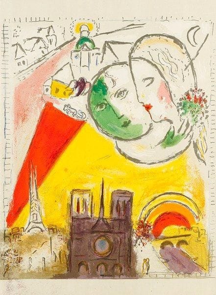Marc CHAGALL (1887-1985)
Derrière le Miroir. N° 66-67-68. Juin-juillet-août 1954. Édition Pierre à Feu, A. Maeght éditeur, Paris. Un album in-fol. en ff. de 20 pp. (sur 24), contenant 10 lithographies sur 11 (y compris les couvertures), certaines tirées deux à la feuille, 8 en couleurs. Textes de Marcel Arland et de Lionello Venturi (manque le début de ce dernier). Conrad (coll. Sorlier) 94 à 103 (manque C. 93, Quai de Bercy); Cramer 24. Exemplaire très frais.