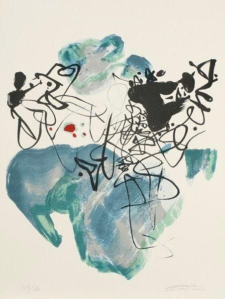 Chu Teh-Chun (chinois, né en 1920)
La Paix universelle. 1988. Lithographie. 555 x 745. Parfaite épreuve sur vélin blanc, numérotée et signée à la mine de plomb. Toutes marges. Tirage à 120 épreuves.