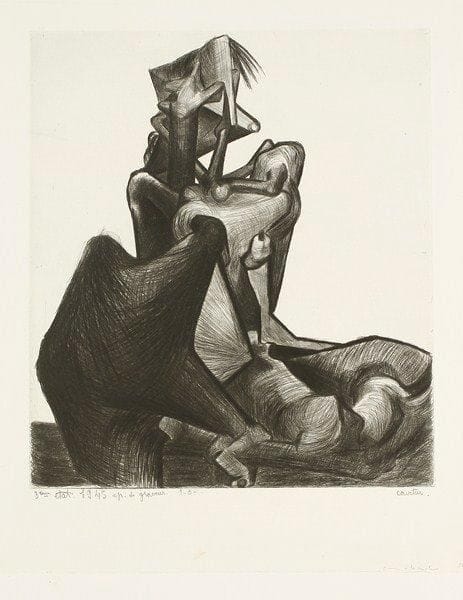 Pierre Courtin (1921-2012)
Femme à la cruche; Figure couchée. 1945; Figure. 1946. Pointe sèche, pointe sèche et roulette, burin et roulette sur zinc. 345 x 390, 245 x 300 et 197 x 392. Putman 28, 30 et 31. Exceptionnelles et rares épreuves sur vélin, annotées à la mine de plomb et signées. Toutes marges. Tirage définitif à 10 épreuves (et à quelques épreuves seulement pour la seconde). Ens. 3 p.