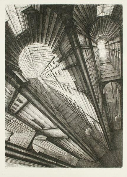 Érik Desmazières (né en 1948, actif à Paris)
Passage Choiseul. 1990. Eau-forte, aquatinte et roulette. 445 x 616. F.-F. 130. Très belle épreuve sur vélin blanc, numérotée, titrée, signée et datée à la mine de plomb. Infime auréole d?humidité dans l?angle supérieur gauche. Toutes marges. Tirage à 90 épreuves. Cadre.