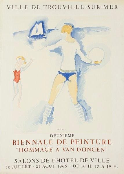 Kees van Dongen (1877-1968) (d'après)
Ville de Trouville-sur-Mer / Deuxième / Biennale de Peinture / Hommage à Van Dongen (...) 10 juillet-21 août 1966. Affiche. Lithographie par Mourlot. [560 x 780]. Juffermans (2003) p. 175. Impression en couleurs. Bonne épreuve. Plis et petits accidents aux bords du feuillet.