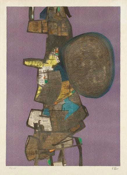 Maurice ESTÈVE (1904-2001)
Bank Street. 1967. Lithographie. 460 x 650. Prudhomme-Estève et Moestrup 44. Impression en couleurs. Très belle épreuve sur vélin, numérotée et signée à la mine de plomb. Deux infimes éraflures filiformes en surface en pied. Marges. Tirage total à 140 épreuves. Cadre.
