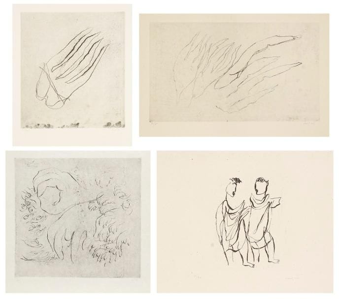 Jean FAUTRIER (1898-1964)
Deux personnages. 1945. Eau-forte. 194 x 190. Mason 168. Très belle et fraîche épreuve sur vélin crème grenu, numérotée et signée à la mine de plomb. Infime bande d?oxydation dans la marge supérieure. Petites amincissures inhérentes à la texture du papier. Toutes marges non ébarbées. Tirage à 50 épreuves. Édition Couturier.