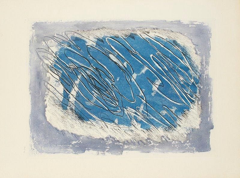 Jean FAUTRIER (1898-1964)
Écriture sur fond bleu. 1963. Eau-forte et aquatinte. 420 x 575. M. 282. Très belle et fraîche épreuve sur vélin, justifiée «H.C.» et signée à la mine de plomb. Toutes marges. Tirage définitif à 100 épreuves. Édition Couturier.