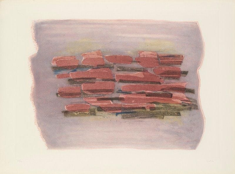 Jean FAUTRIER (1898-1964)
Paysage labouré. 1963. Eau-forte et aquatinte. 645 x 475. M. 283. Très belle et fraîche épreuve sur vélin, numérotée et signée à la mine de plomb. Petites rousseurs le long du bord droit. Toutes marges. Tirage à 100 épreuves. Édition Couturier.