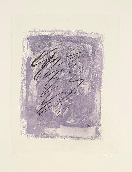 Jean FAUTRIER (1898-1964)
Griffure sur fond violet. 1965. Eau-forte et aquatinte. 345 x 445. M. 281. Impression en couleurs. Très belle et fraîche épreuve sur vélin, numérotée et signée à la mine de plomb. Petites rousseurs le long du bord droit. Toutes marges. Tirage à 100 épreuves. Édition Couturier.