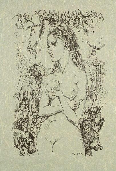 Léonard-Tsuguharu Foujita (1886-1968) (d'après)
Ève. 1959-1960. Zincographie. 270 x 425. Buisson 60-29. Très belle épreuve sur papier exotique vert fibreux. Toutes marges.