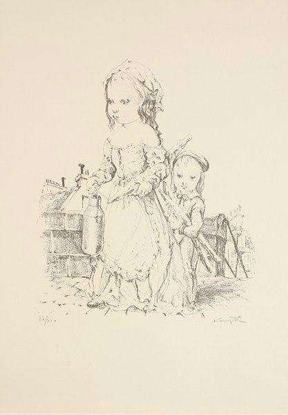 Léonard-Tsuguharu Foujita (1886-1968) (d'après)
Jeune fille et enfant à la baguette et au pot de lait. Vers 1960. Lithographie. 280 x 320. B. non décrit. Très belle épreuve sur vélin fort, numérotée et signée à la mine de plomb. Très légère oxydation. Toutes marges. Tirage à 220 épreuves.