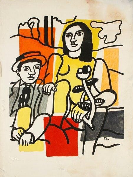 Fernand Léger (1881-1955) (d'après)
Homme au chapeau et femme avec une fleur. 1955. Lithographie. 495 x 510. Saphire p. 291. Impression en couleurs (variante de l?état définitif). Bonne épreuve sur vélin blanc fort, avant la lettre, revêtue d?un numéro à la mine de plomb. Large auréole d?humidité dans l?angle supérieur droit. Plis et accidents aux bords du feuillet. Toutes marges.
