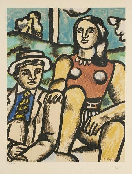 Fernand Léger (1881-1955) (d'après)
[Homme et femme]. Vers 1980. Lithographie. 420 x 540. Impression en couleurs. Très belle épreuve sur vélin, numérotée et timbrée. Toutes marges. Tirage à 450 épreuves. Timbre sec: musée Fernand Léger, Biot. Cadre.