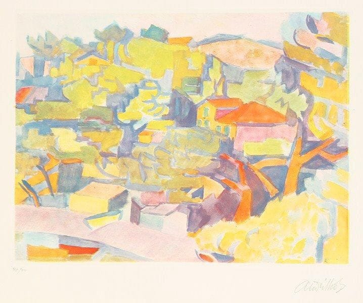 André LHOTE (1885-1962)
[Paysage du Midi]. Vers 1960. Photogravure d?après une gouache de l?artiste. 385 x 290. Impression en couleurs. Parfaite épreuve sur vélin, numérotée et signée à la mine de plomb. Toutes marges. Tirage à 50 épreuves.