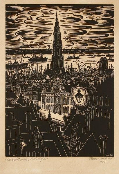 Frans Masereel (1889-1972)
Osterrieth Huis, Antwerpen. 1955. Bois gravé. 318 x 450. Bonne épreuve sur vélin filigrané «papeterie Lafuma», oxydée et collée sur carton, titrée, signée et datée à la mine de plomb. Toutes marges. Cadre.