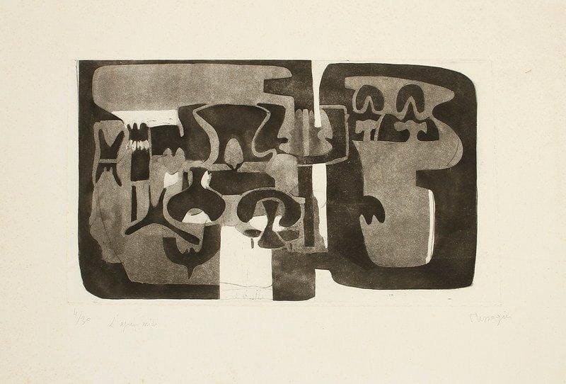Jean MESSAGIER (1920-1999)
L?Après-midi II. 1951. Aquatinte. 445 x 260. Alpers-Putman 84. Belle épreuve sur vélin, numérotée, titrée et signée à la mine de plomb. Rousseurs claires éparses. Traces de frottement horizontales. Annotations manuscrites, salissures et petite étiquette au verso. Toutes marges. Tirage à 30 épreuves.