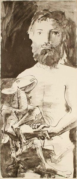 Pablo PICASSO (1881-1973) (d'après)
L?Homme au mouton. 1967. Lithographie (procédé Jacomet). 405 x 960. Très belle épreuve sur vélin crème, la signature imprimée en vert au pochoir, du tirage à part pour l?ouvrage La Flûte double, éditions Vent d?Arles, Paris. Toutes marges. Cadre.
