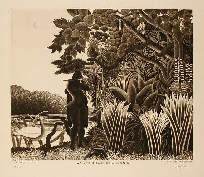 Henri Rousseau, dit Le Douanier Rousseau (1844-1910) (d'après)
La Charmeuse de serpents. Vers 1960. Gravé par R. Lacourière. 570 x 495. Très belle épreuve tirée en noir sur vélin crème, numérotée et signée à la mine de plomb par le graveur. Légère oxydation au bord droit. Toutes marges. Tirage à 100 épreuves.